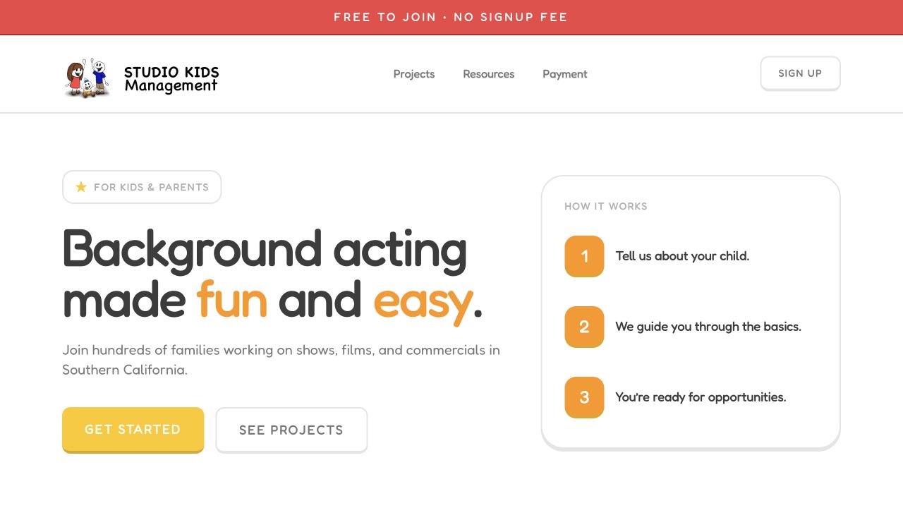 Studio Kids Management public website showing its family onboarding introduction