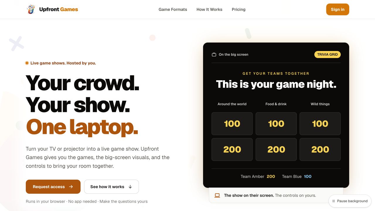 Upfront Games public homepage with a trivia board and host controls preview